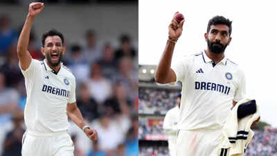 Prasidh Krishna and Jasprit Bumrah in discussion during a practice session